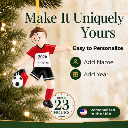 Make it yours: add name and year to the personalized brunette soccer guy christmas ornament