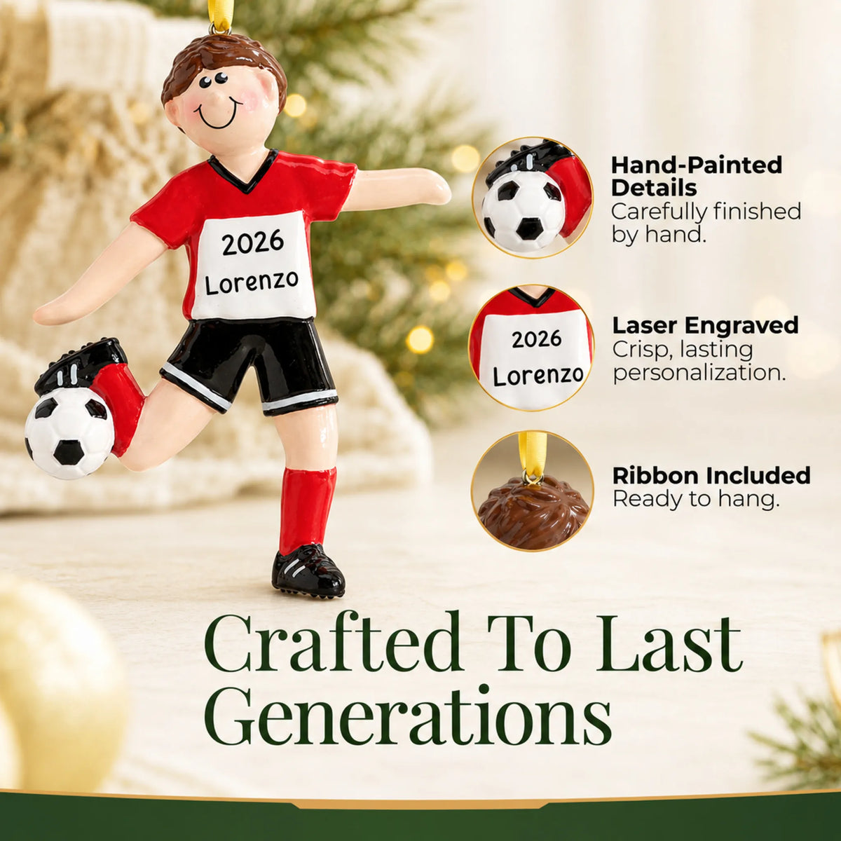 Hand-painted details and laser engraved personalization on the brunette soccer guy christmas ornament, ribbon included