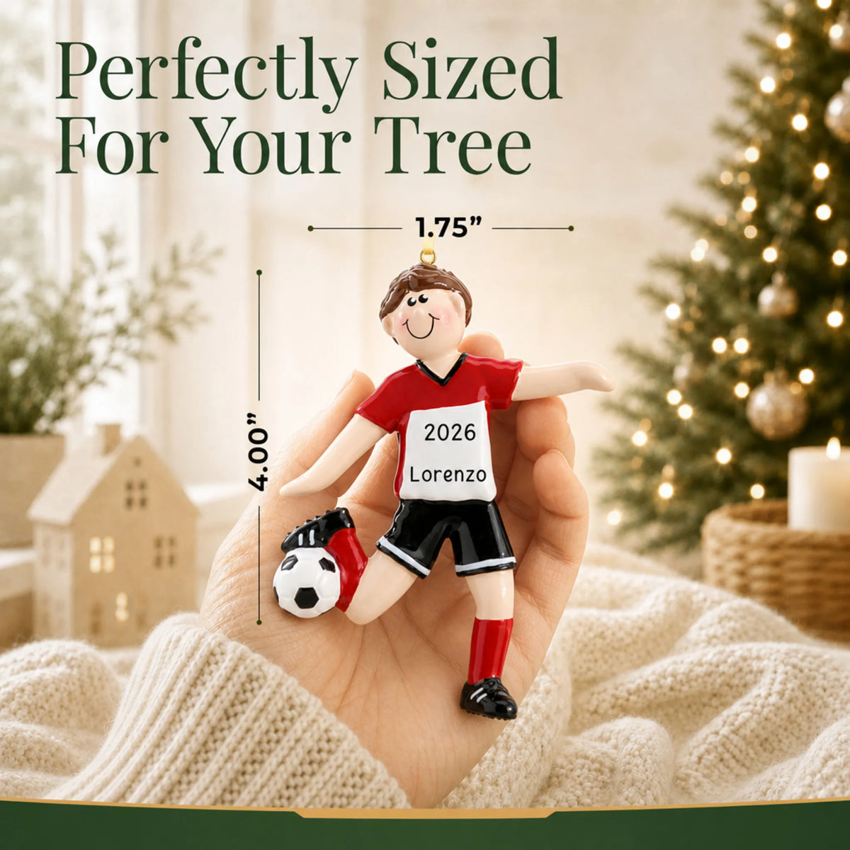 Size guide: the personalized brunette soccer guy christmas ornament is 1.75 in wide by 4.00 in tall, shown in hand