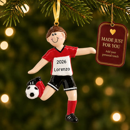 Soccer Guy christmas ornament hanging on a lit Christmas tree with a Made Just For You gift tag