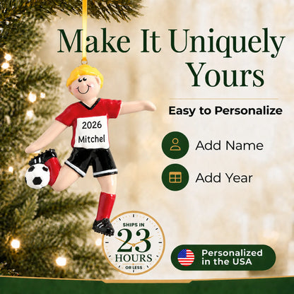 Make it yours: add name and year to the personalized blonde soccer guy christmas ornament