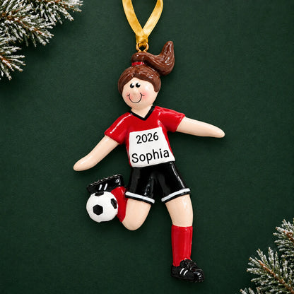 Personalized brunette soccer girl christmas ornament on a dark green pine background
