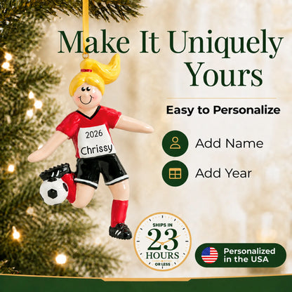 Make it yours: add name and year to the personalized blonde soccer girl christmas ornament