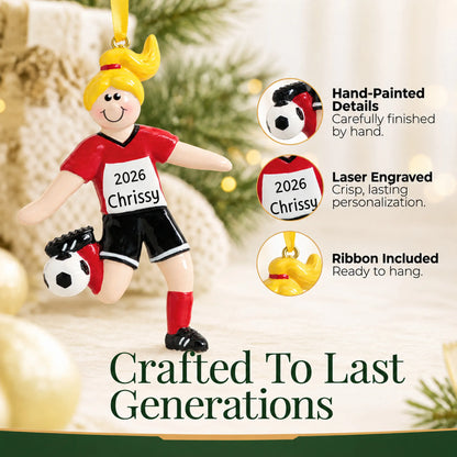 Hand-painted details and laser engraved personalization on the blonde soccer girl christmas ornament, ribbon included