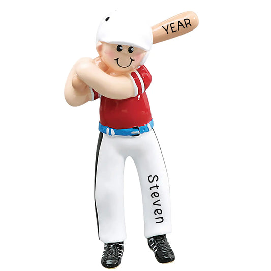 Personalized ornament of a baseball player in a red jersey and white pants, holding a bat that can be personalized with a name and year.