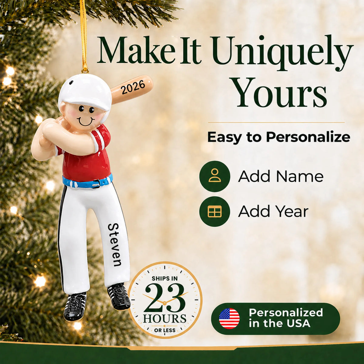 Make it yours: add name and year to the personalized baseball boy batter christmas ornament