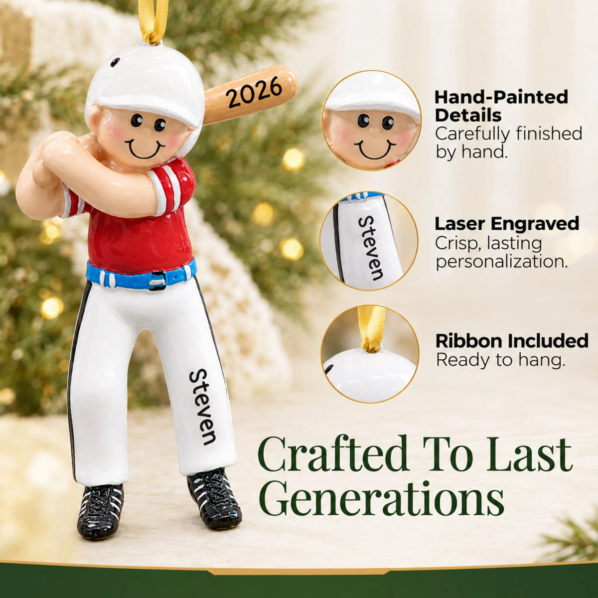 Hand-painted details and laser engraved personalization on the baseball boy batter christmas ornament, ribbon included