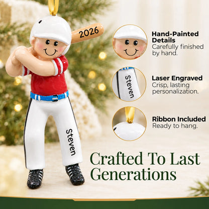 Hand-painted details and laser engraved personalization on the baseball boy batter christmas ornament, ribbon included