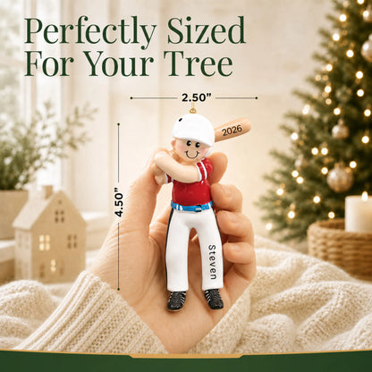 Size guide: the personalized baseball boy batter christmas ornament is 2.50 in wide by 4.50 in tall, shown in hand