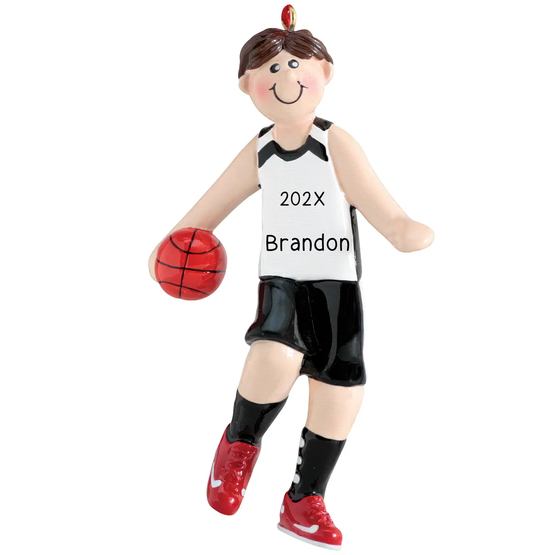 A personalized Christmas ornament featuring a boy basketball player in a red and white uniform with a basketball, and the text '202X BRANDON' on the back of the jersey.