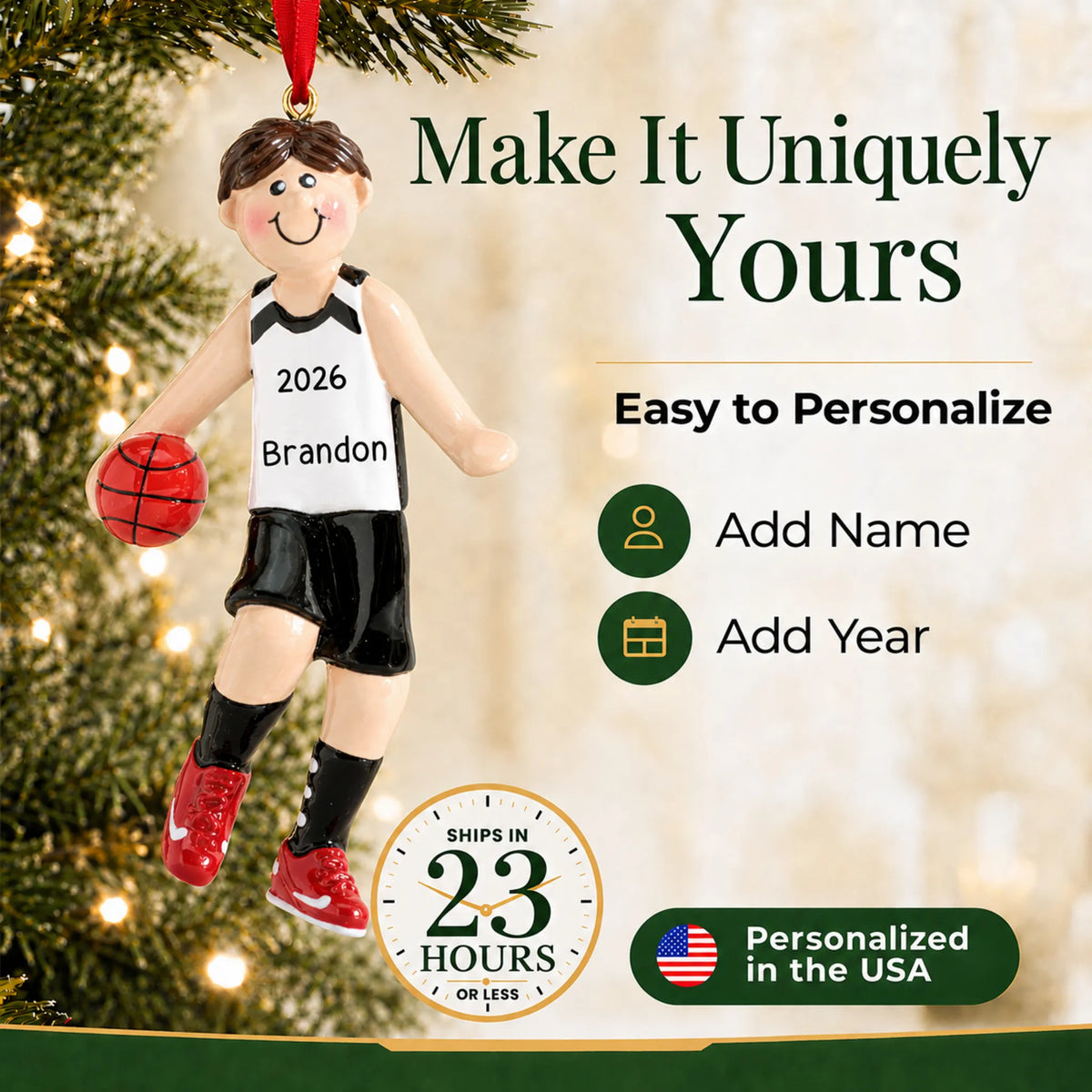 Make it yours: add name and year to the personalized basketball boy christmas ornament