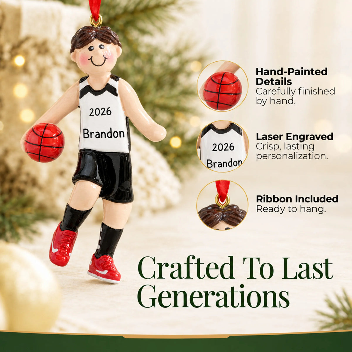 Hand-painted details and laser engraved personalization on the basketball boy christmas ornament, ribbon included