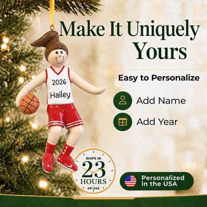 Make it yours: add name and year to the personalized basketball girl christmas ornament