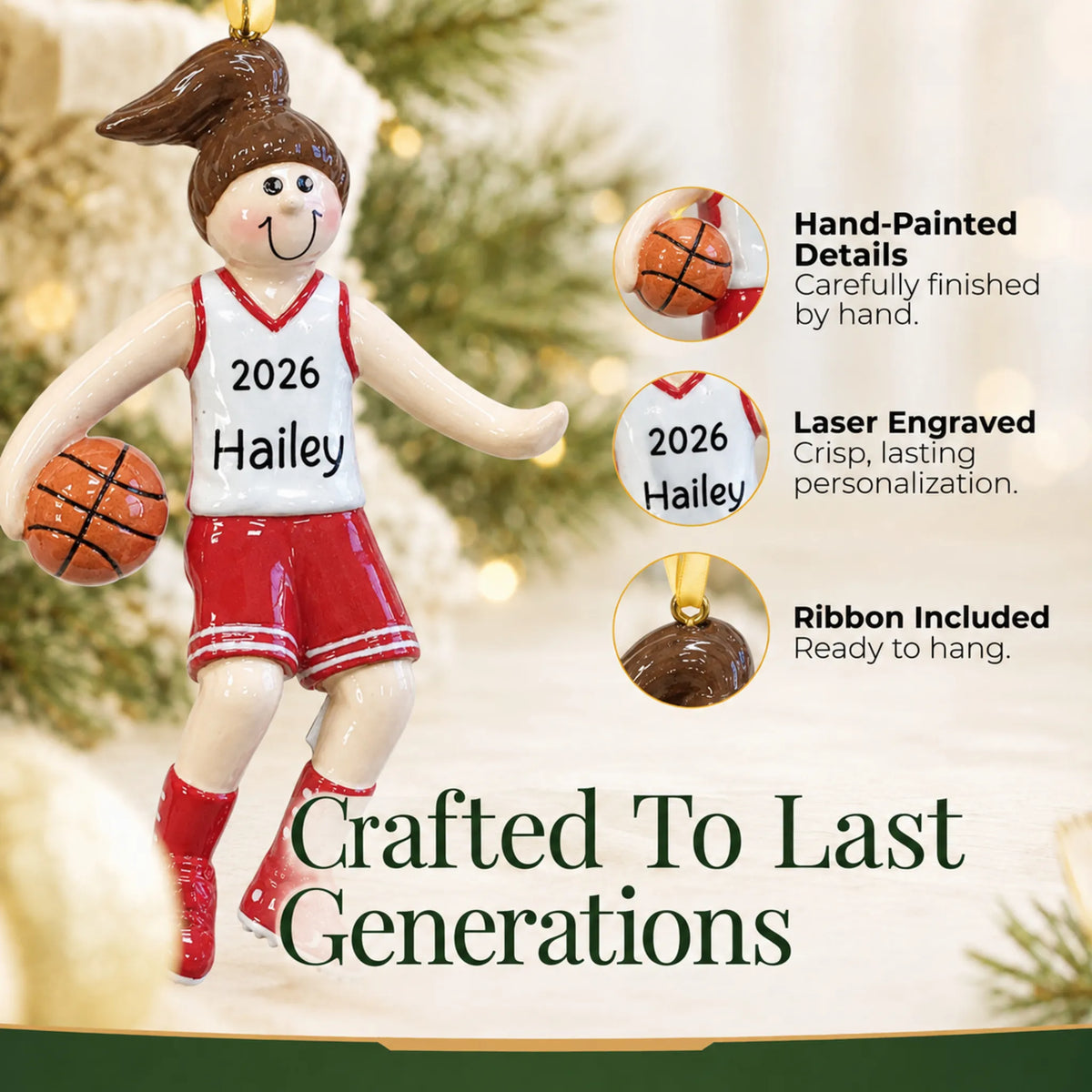 Hand-painted details and laser engraved personalization on the basketball girl christmas ornament, ribbon included
