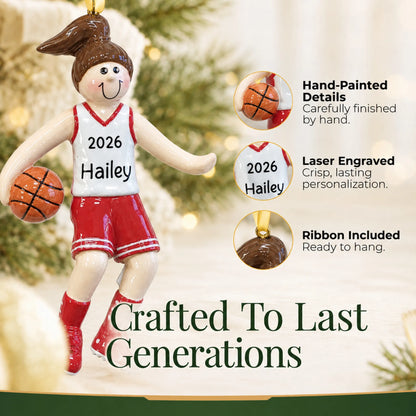 Hand-painted details and laser engraved personalization on the basketball girl christmas ornament, ribbon included