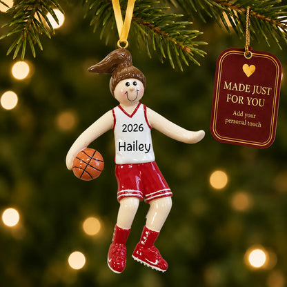 Basketball girl christmas ornament hanging on a lit Christmas tree with a Made Just For You gift tag