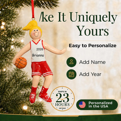 Make it yours: add name and year to the personalized blonde basketball girl christmas ornament