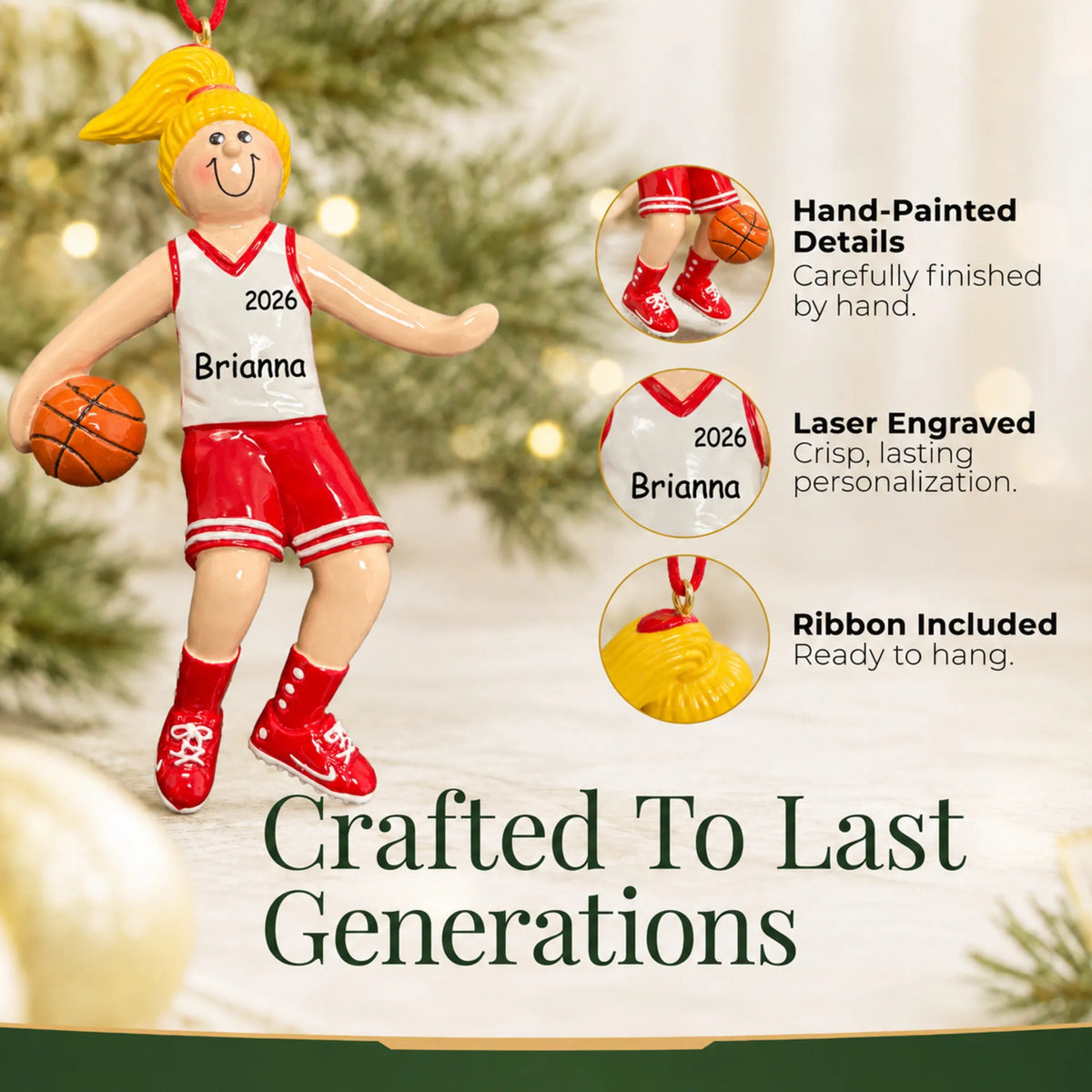 Hand-painted details and laser engraved personalization on the blonde basketball girl christmas ornament, ribbon included