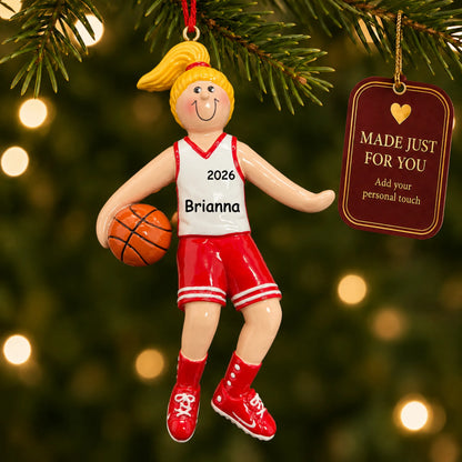 Blonde basketball girl christmas ornament hanging on a lit Christmas tree with a Made Just For You gift tag