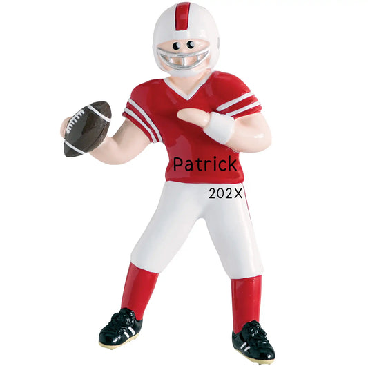 A polyresin ornament depicting a football player in a red and white uniform with a football helmet, holding a football, and the text 'Patrick Year'.