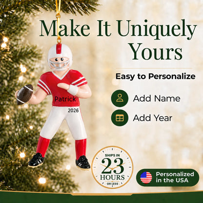 Make it yours: add name and year to the personalized football boy christmas ornament