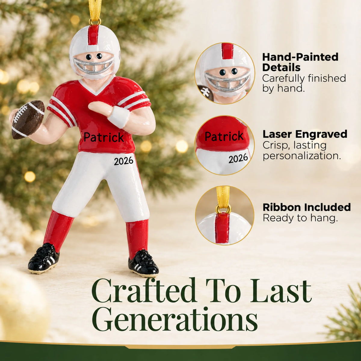 Hand-painted details and laser engraved personalization on the football boy christmas ornament, ribbon included