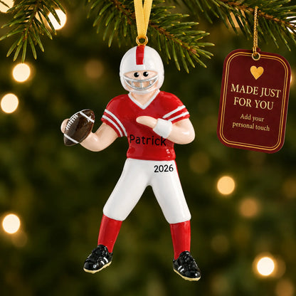Football boy christmas ornament hanging on a lit Christmas tree with a Made Just For You gift tag