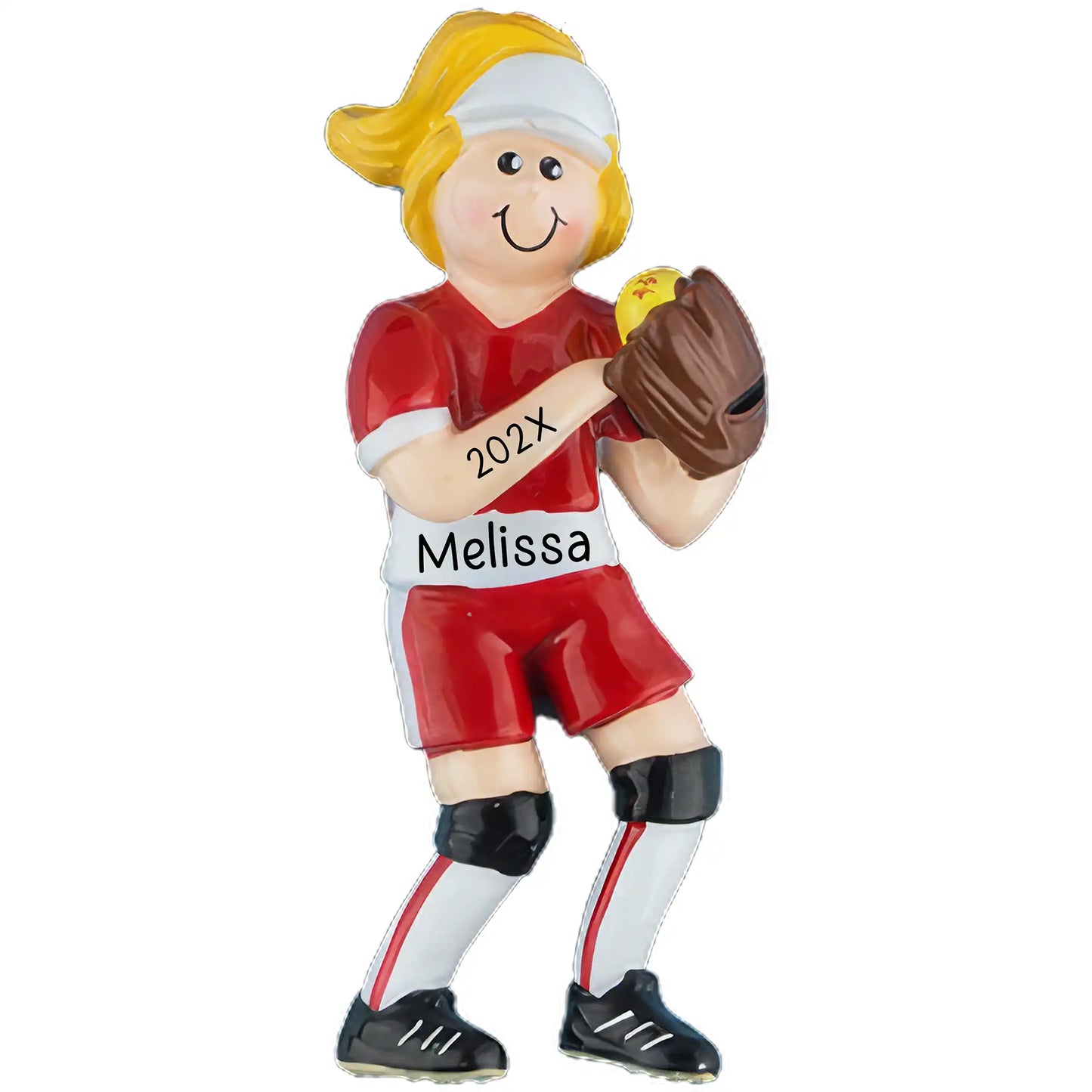 Personalized ornament of a girl in softball uniform with a glove and ball on a white background that can be customized with name and year. 