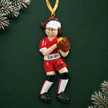 Personalized softball girl christmas ornament on a dark green pine background