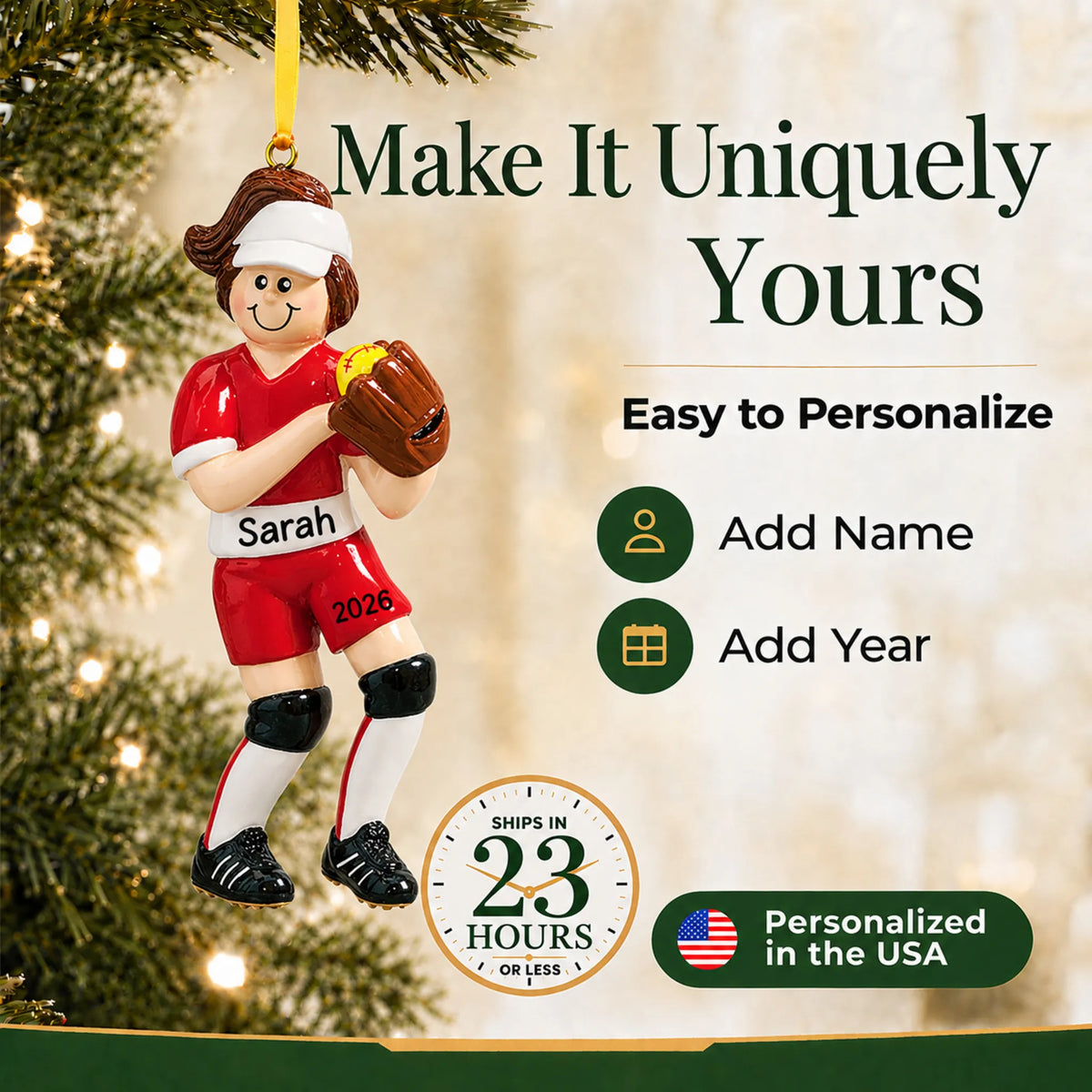 Make it yours: add name and year to the personalized softball girl christmas ornament
