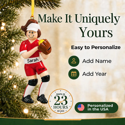 Make it yours: add name and year to the personalized softball girl christmas ornament