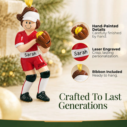 Hand-painted details and laser engraved personalization on the softball girl christmas ornament, ribbon included