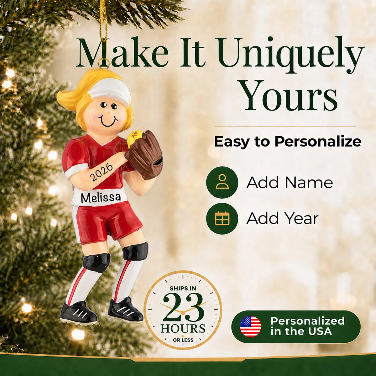 Make it yours: add name and year to the personalized blonde softball girl christmas ornament