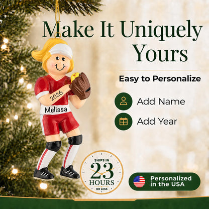Make it yours: add name and year to the personalized blonde softball girl christmas ornament