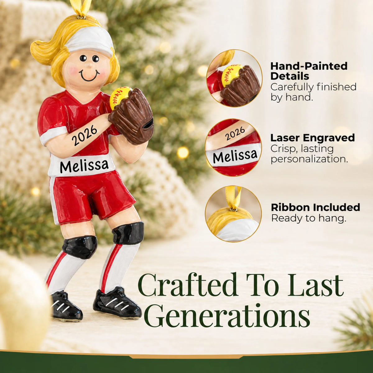 Hand-painted details and laser engraved personalization on the blonde softball girl christmas ornament, ribbon included