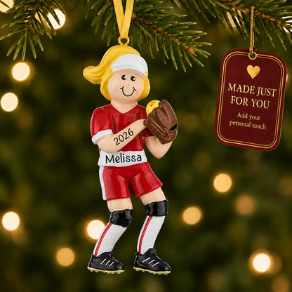 Blonde softball girl christmas ornament hanging on a lit Christmas tree with a Made Just For You gift tag