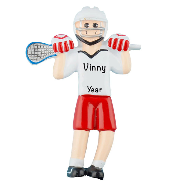 Personalized lacrosse ornament of a boy lacrosse player in a helmet, gloves, and pads holding a stick, with a custom name and year laser engraved