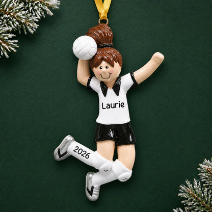 Personalized volleyball girl christmas ornament on a dark green pine background