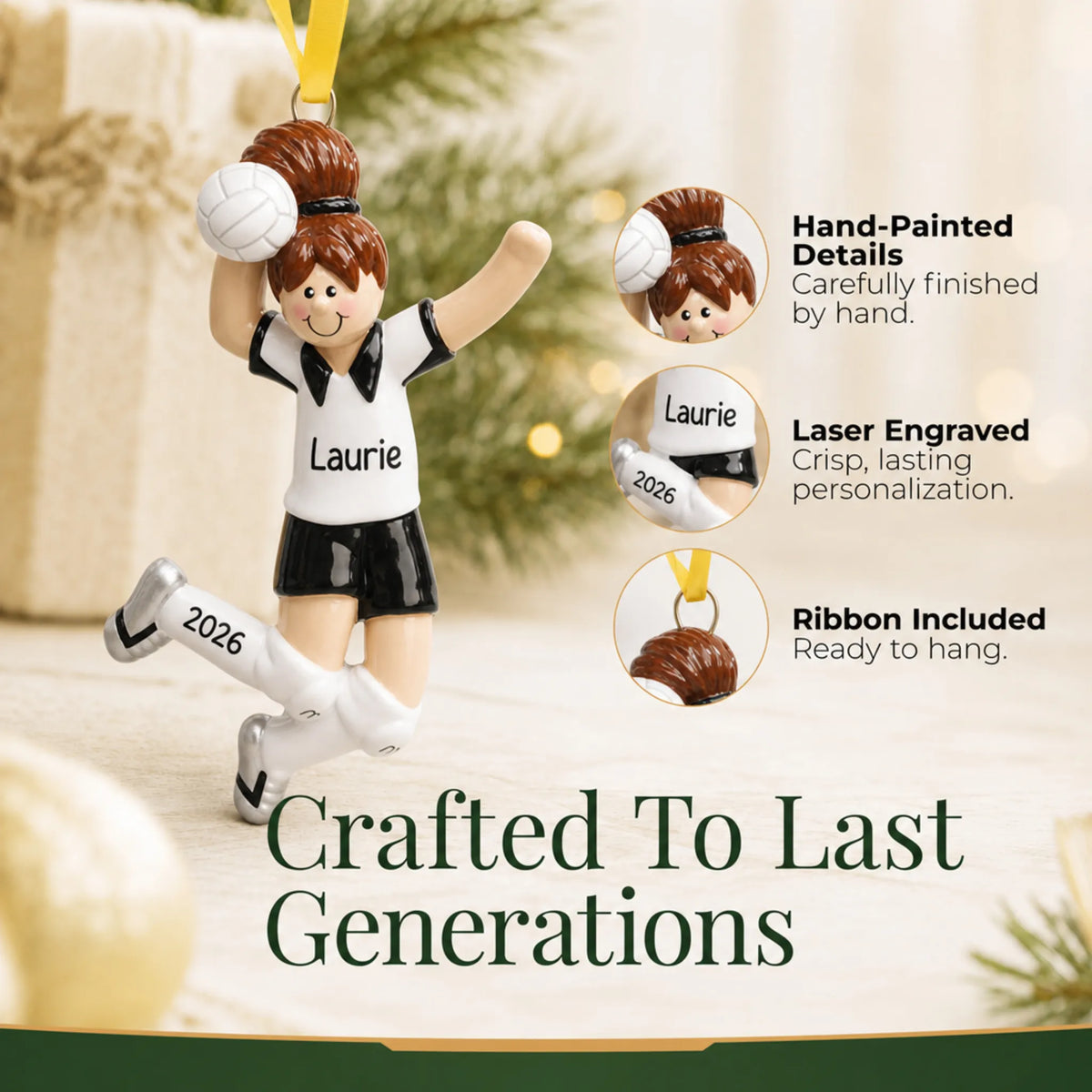 Hand-painted details and laser engraved personalization on the volleyball girl christmas ornament, ribbon included