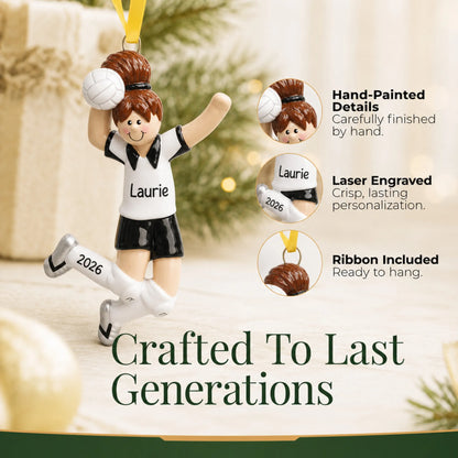 Hand-painted details and laser engraved personalization on the volleyball girl christmas ornament, ribbon included