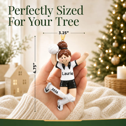Size guide: the personalized volleyball girl christmas ornament is 3.25 in wide by 4.75 in tall, shown in hand