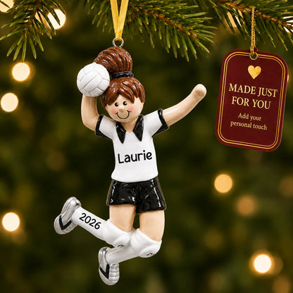 Volleyball girl christmas ornament hanging on a lit Christmas tree with a Made Just For You gift tag