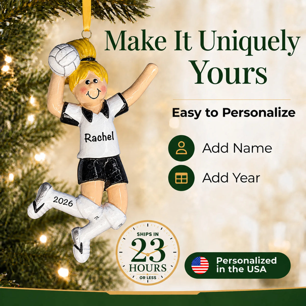 Make it yours: add name and year to the personalized blonde volleyball girl christmas ornament