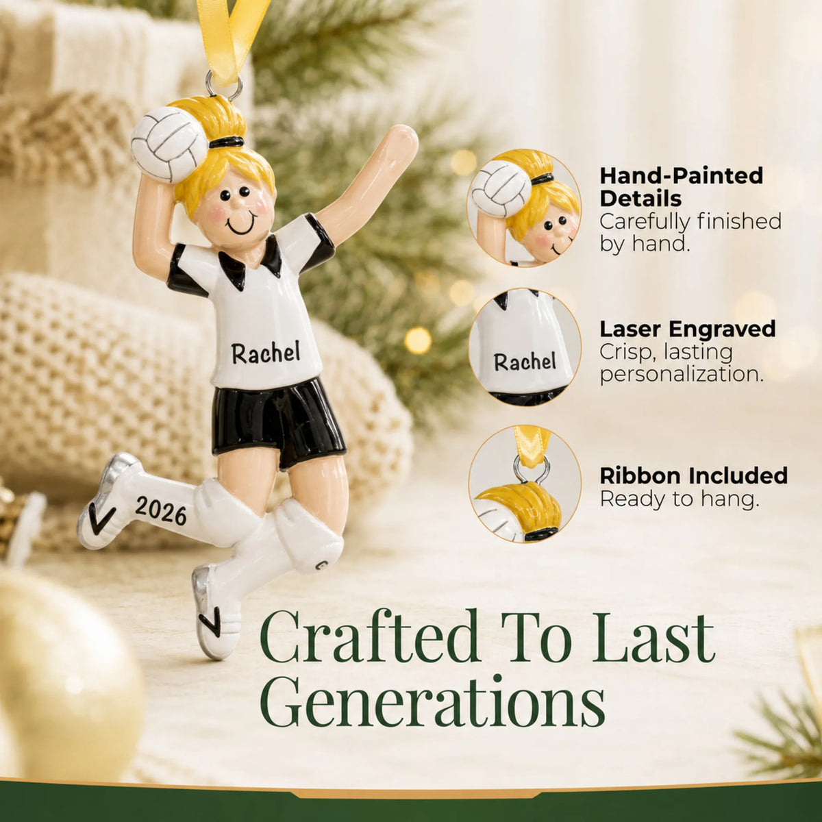 Hand-painted details and laser engraved personalization on the blonde volleyball girl christmas ornament, ribbon included
