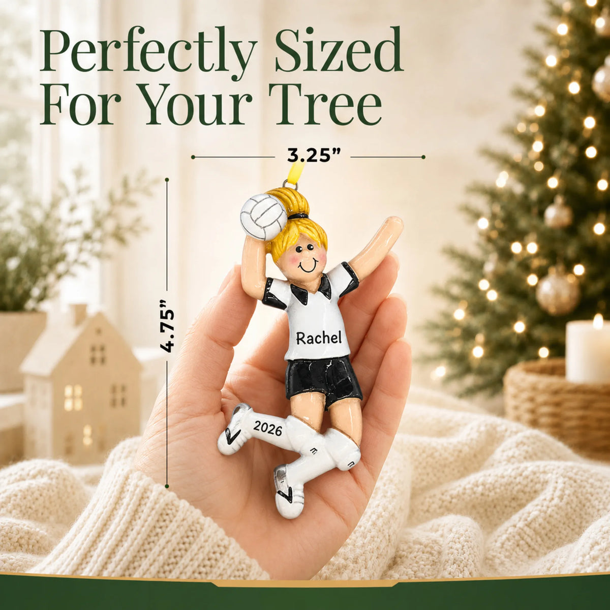 Size guide: the personalized blonde volleyball girl christmas ornament is 3.25 in wide by 4.75 in tall, shown in hand