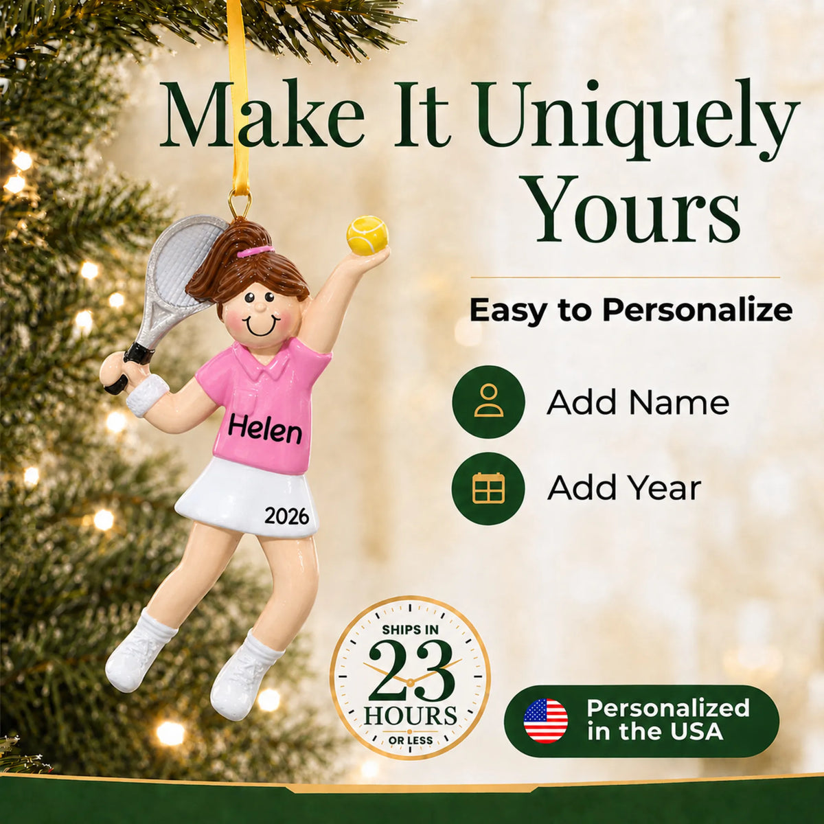 Make it yours: add name and year to the personalized tennis girl christmas ornament