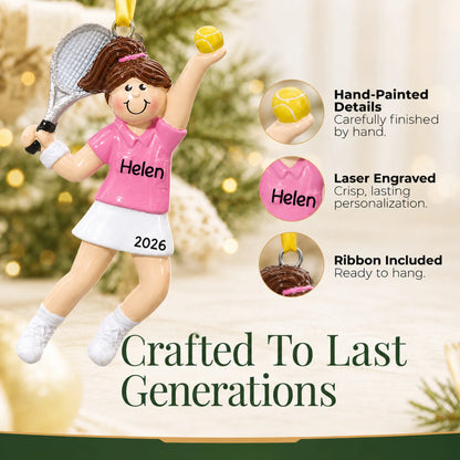 Hand-painted details and laser engraved personalization on the tennis girl christmas ornament, ribbon included