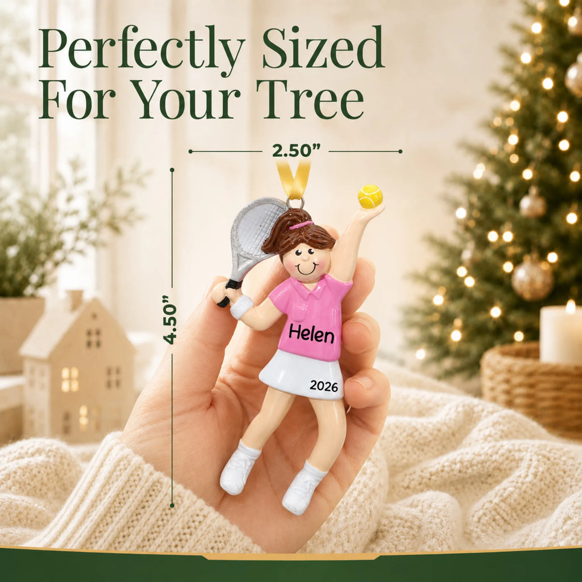 Size guide: the personalized tennis girl christmas ornament shown in hand next to a Christmas tree
