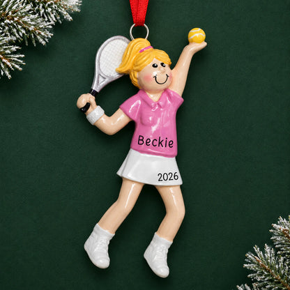 Personalized blonde tennis girl christmas ornament on a dark green pine background