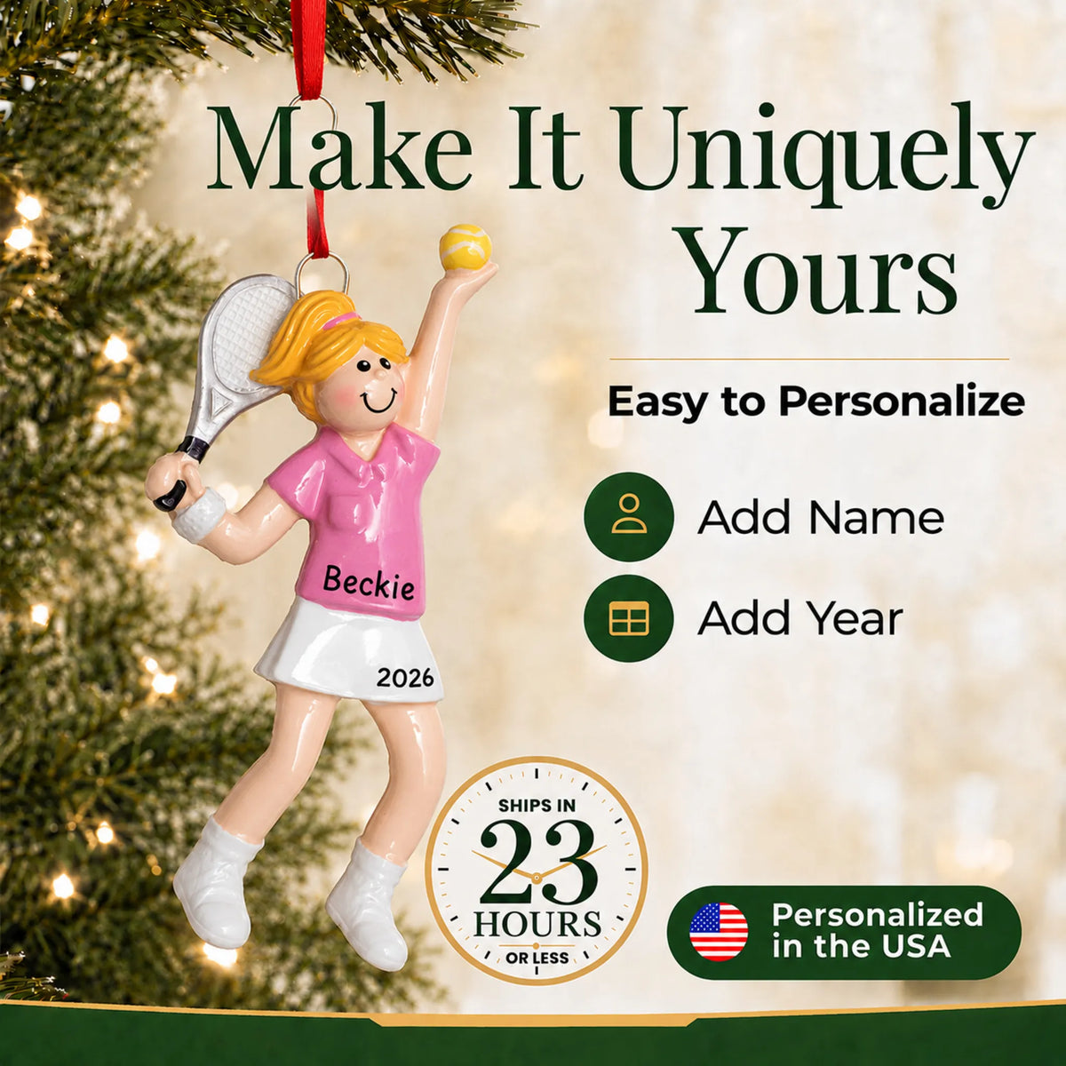 Make it yours: add name and year to the personalized blonde tennis girl christmas ornament